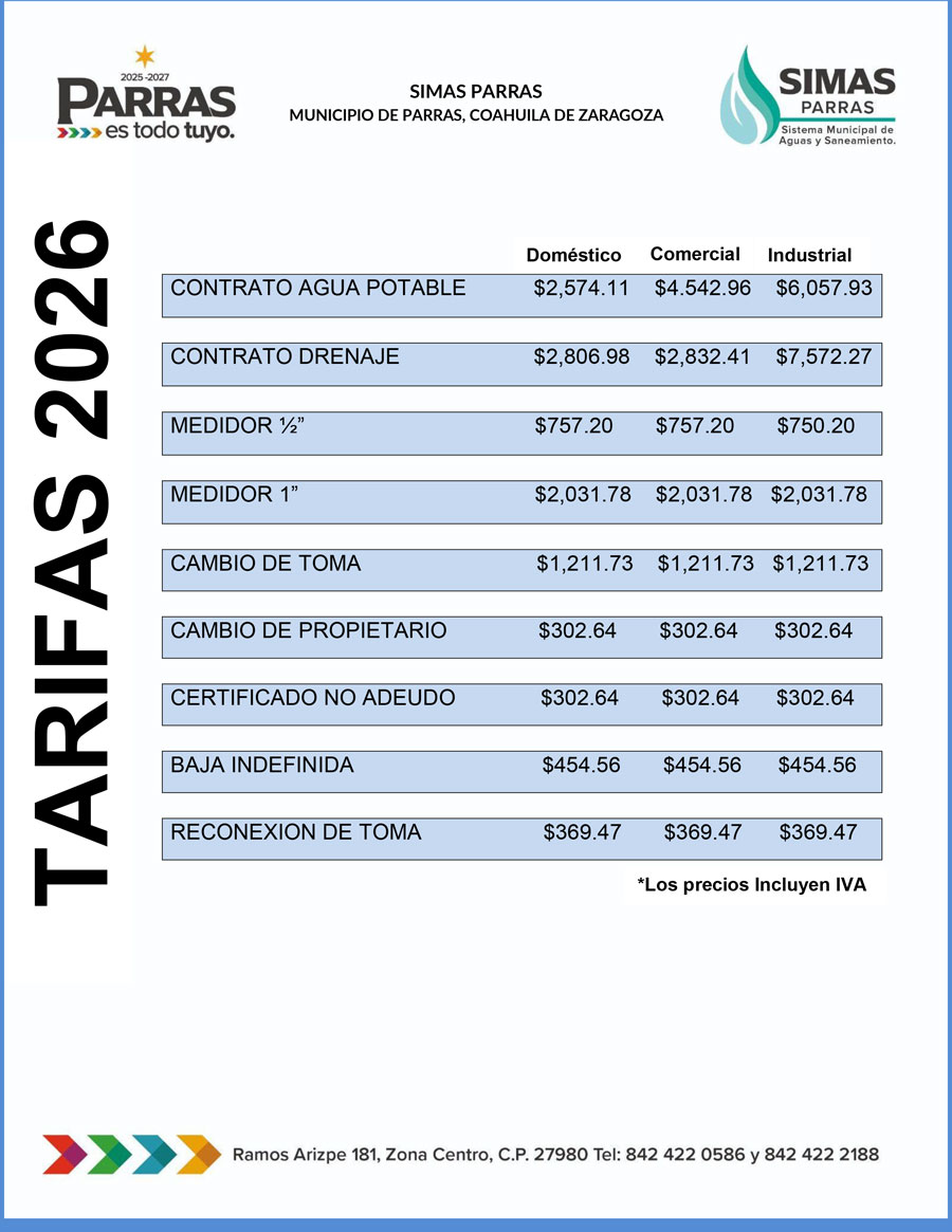 Tarifas 2026 SIMAS Parras